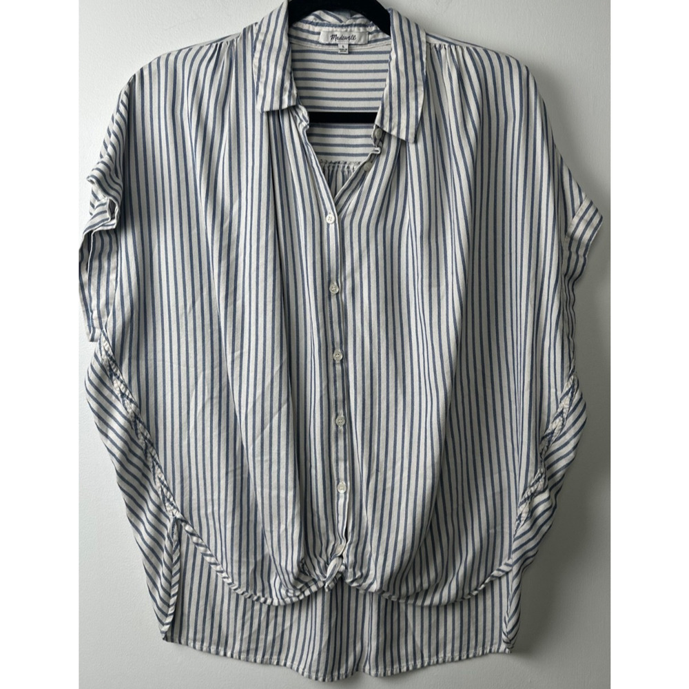 Madewell Central Drapey Top Shirt Women L Stripe Casual White Blue Lagenlook E7